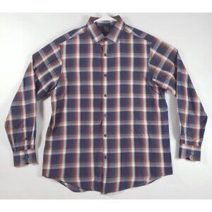 Hart Schaffner Marx Shirt Men Medium Blue 100% Cotton Plaid Long Sleeve